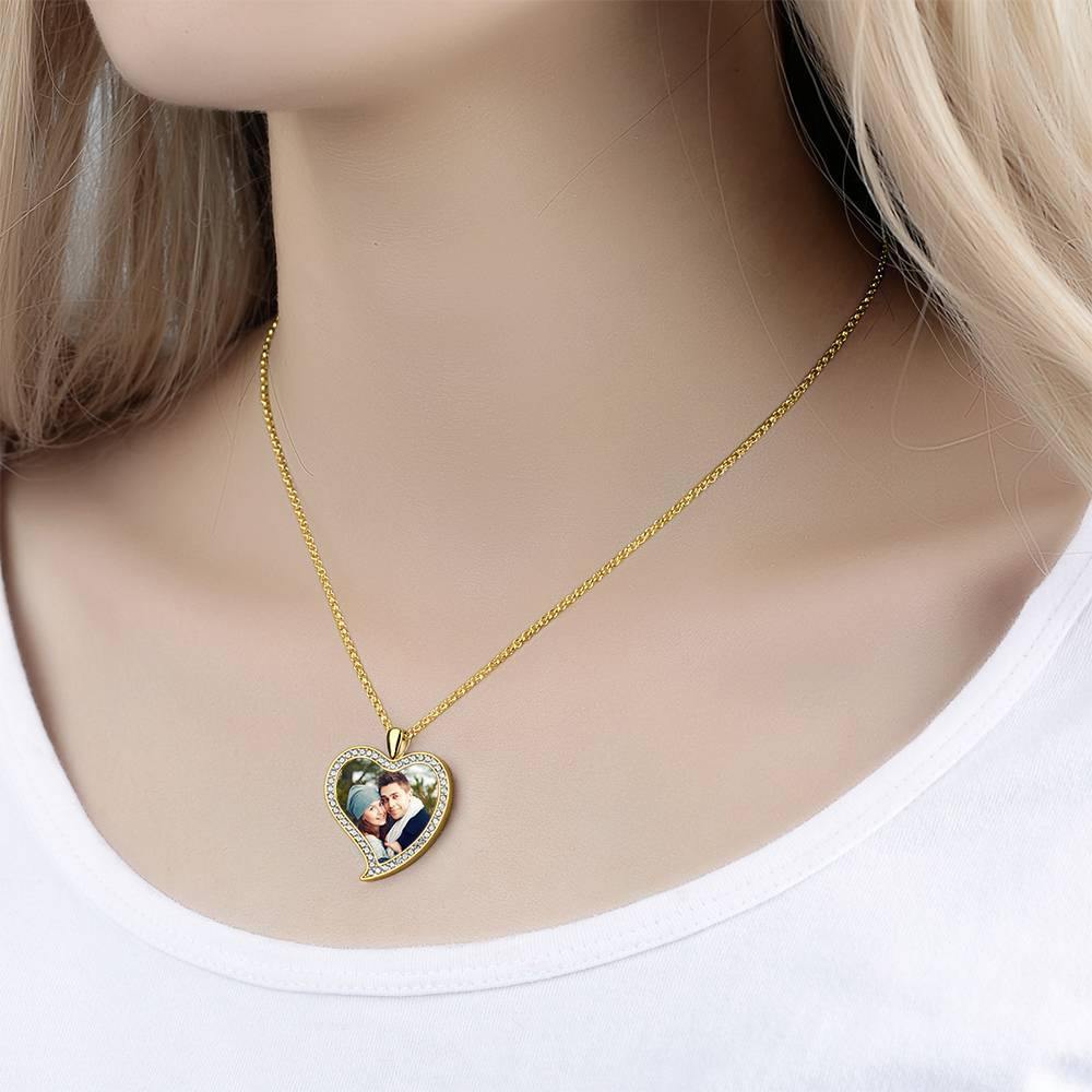 Women's Personalized Photo Engraved Necklace, Rhinestone Crystal Love Heart Shape Photo Necklace 14K Gold Plated Golden - Colorful - soufeelus