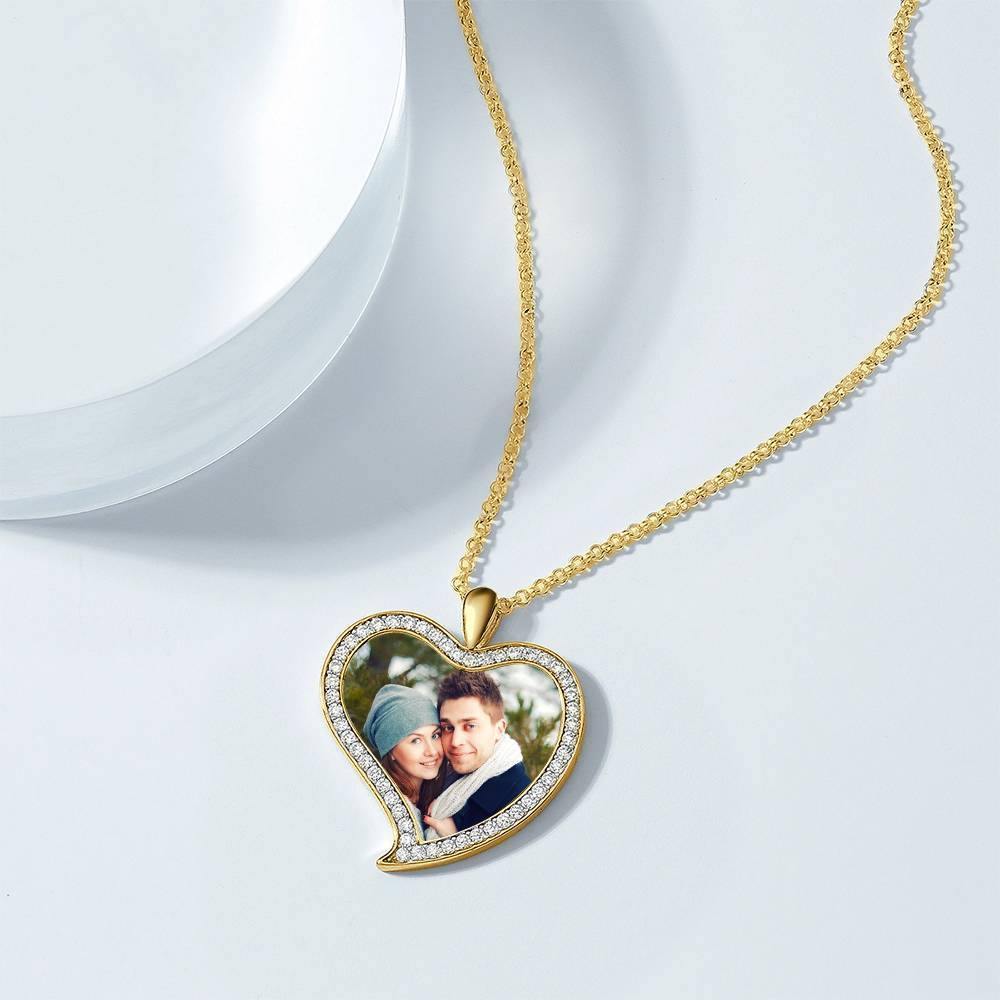 Women's Personalized Photo Engraved Necklace, Rhinestone Crystal Love Heart Shape Photo Necklace 14K Gold Plated Golden - Colorful - soufeelus