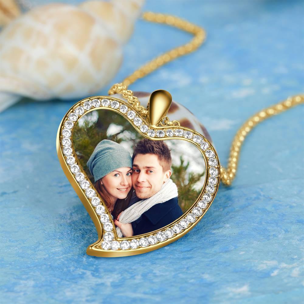 Women's Personalized Photo Engraved Necklace, Rhinestone Crystal Love Heart Shape Photo Necklace 14K Gold Plated Golden - Colorful - soufeelus