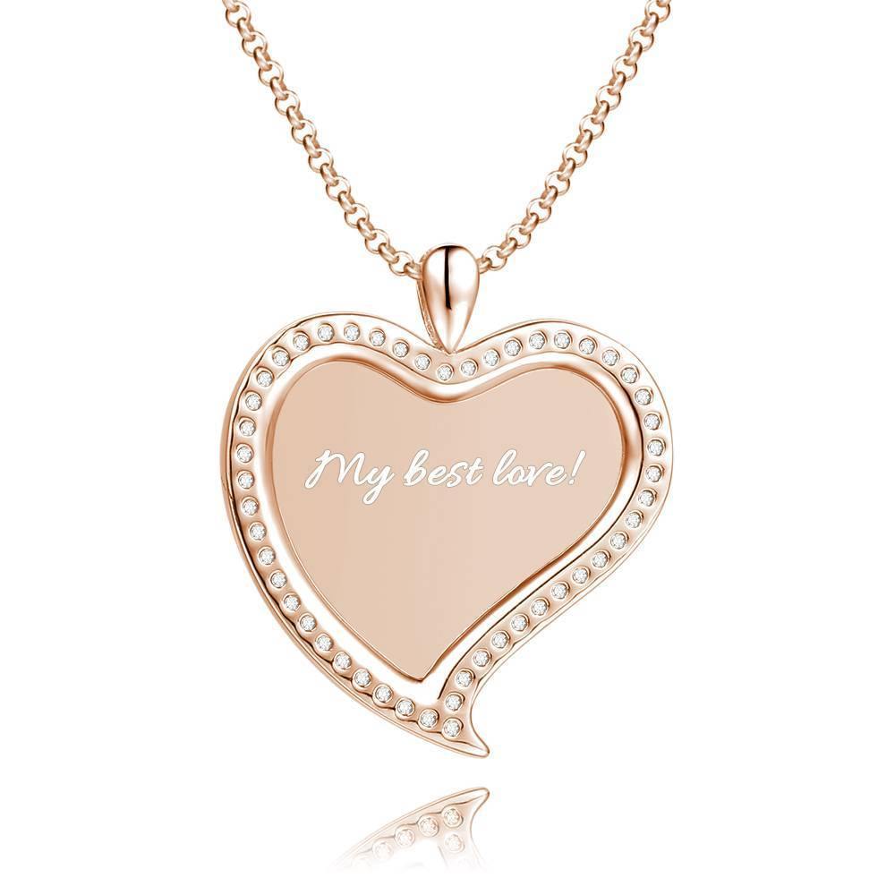 Women's Personalized Photo Engraved Necklace, Rhinestone Crystal Love Heart Shape Photo Necklace Rose Gold Plated - Colorful - soufeelus