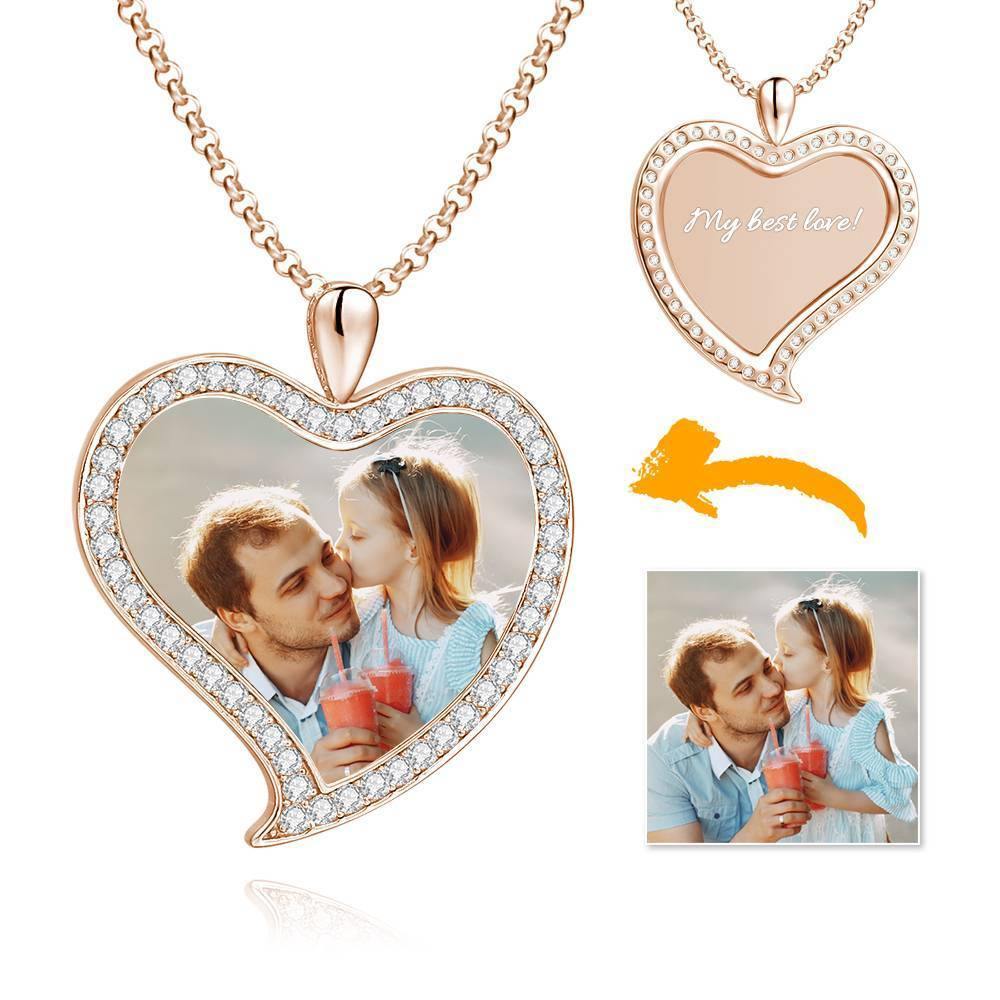 Women's Personalized Photo Engraved Necklace, Rhinestone Crystal Love Heart Shape Photo Necklace Rose Gold Plated - Colorful - soufeelus