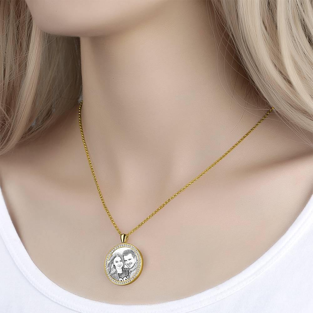 Women's Personalized Photo Engraved Necklace, Rhinestone Crystal Round Shape Photo Necklace 14K Gold Plated Golden - Sketch - soufeelus