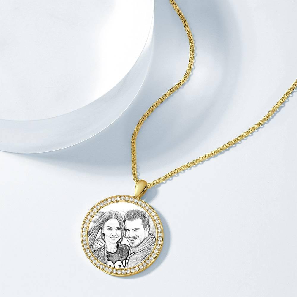Women's Personalized Photo Engraved Necklace, Rhinestone Crystal Round Shape Photo Necklace 14K Gold Plated Golden - Sketch - soufeelus