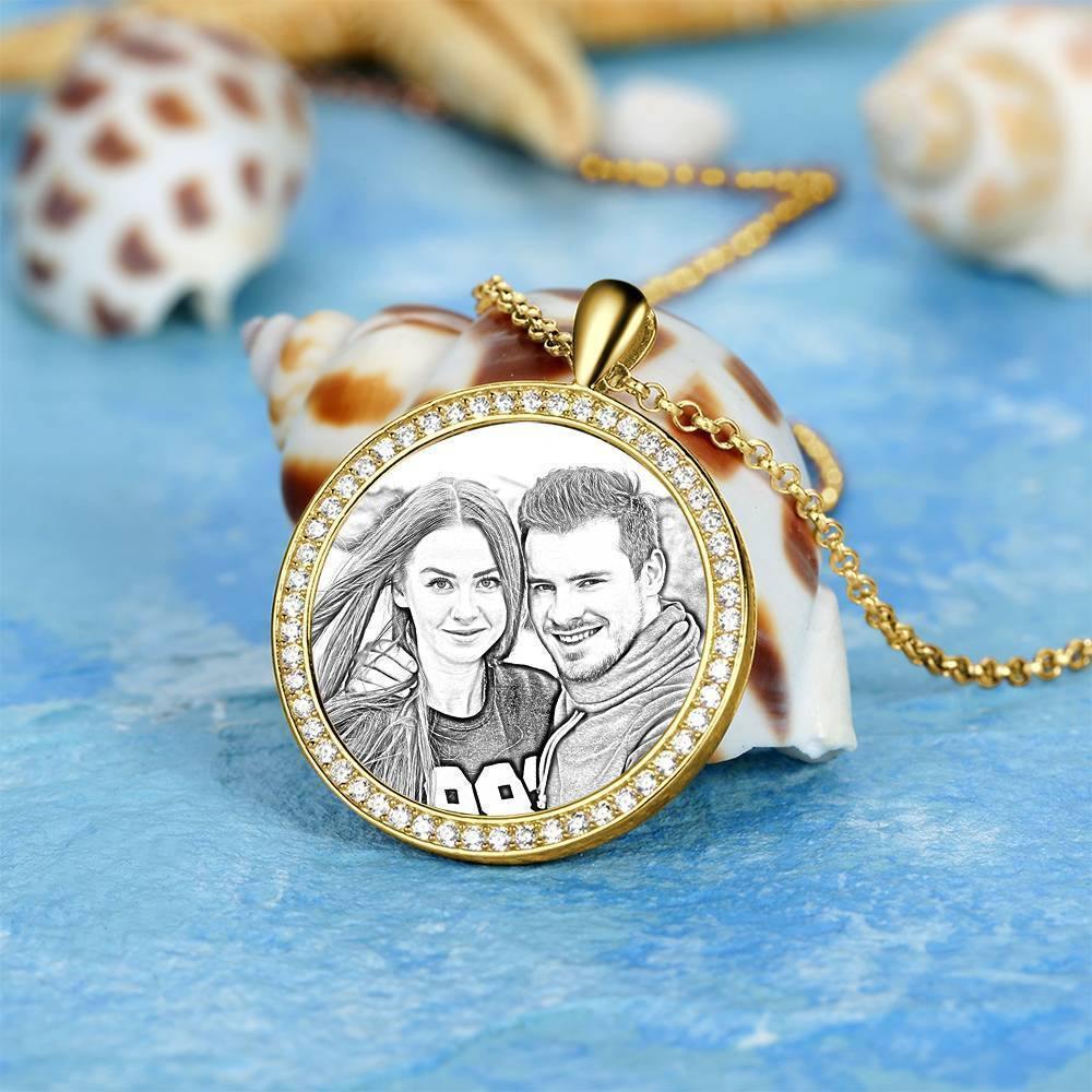 Women's Personalized Photo Engraved Necklace, Rhinestone Crystal Round Shape Photo Necklace 14K Gold Plated Golden - Sketch - soufeelus
