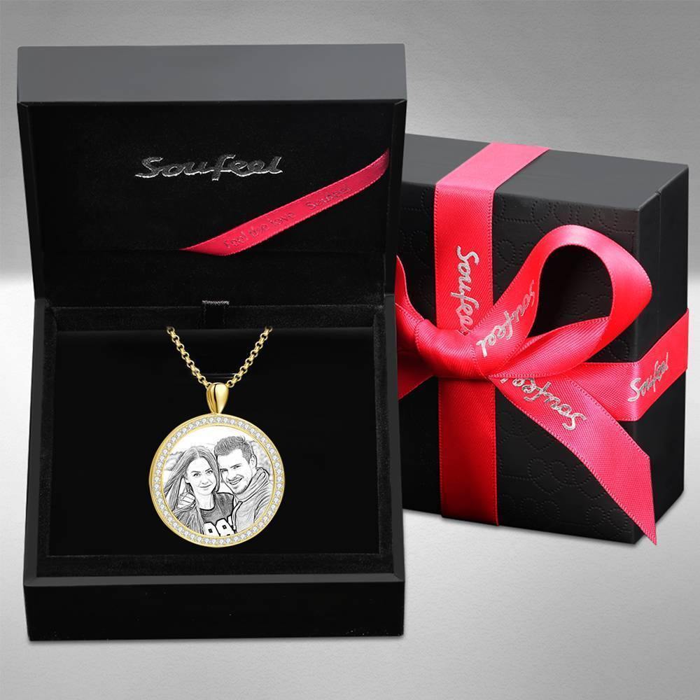Women's Personalized Photo Engraved Necklace, Rhinestone Crystal Round Shape Photo Necklace 14K Gold Plated Golden - Sketch - soufeelus