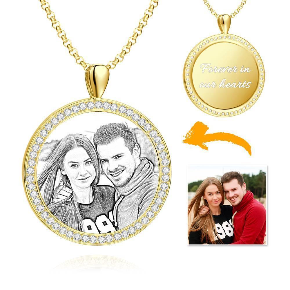 Women's Personalized Photo Engraved Necklace, Rhinestone Crystal Round Shape Photo Necklace 14K Gold Plated Golden - Sketch - soufeelus