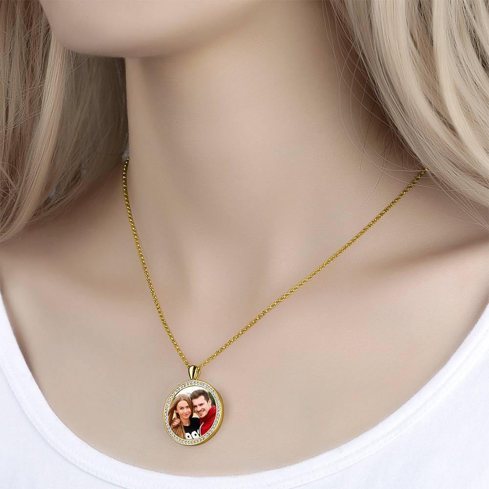 Women's Personalized Photo Engraved Necklace, Rhinestone Crystal Round Shape Photo Necklace 14K Gold Plated Golden - Colorful - soufeelus