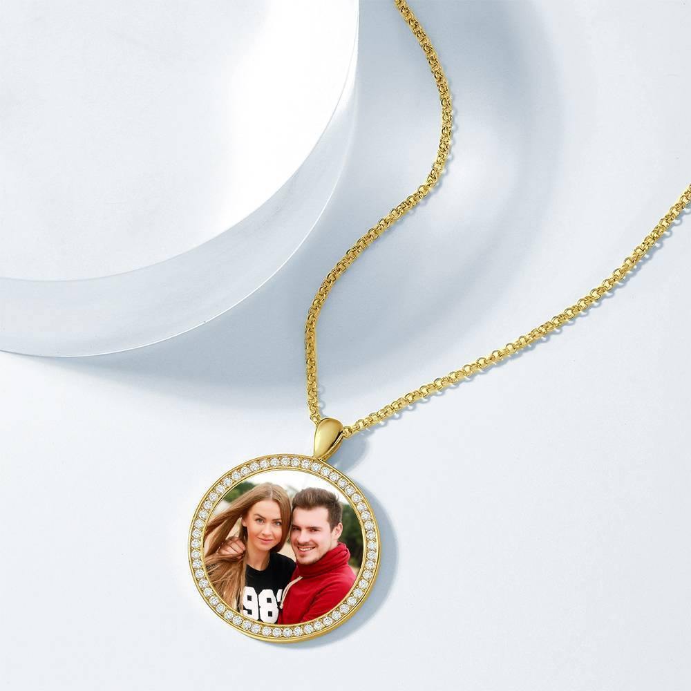 Women's Personalized Photo Engraved Necklace, Rhinestone Crystal Round Shape Photo Necklace 14K Gold Plated Golden - Colorful - soufeelus