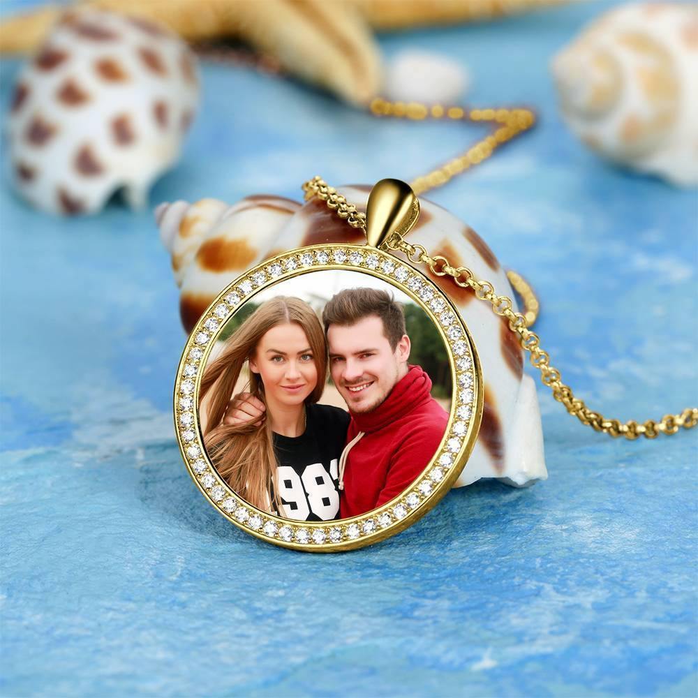 Women's Personalized Photo Engraved Necklace, Rhinestone Crystal Round Shape Photo Necklace 14K Gold Plated Golden - Colorful - soufeelus