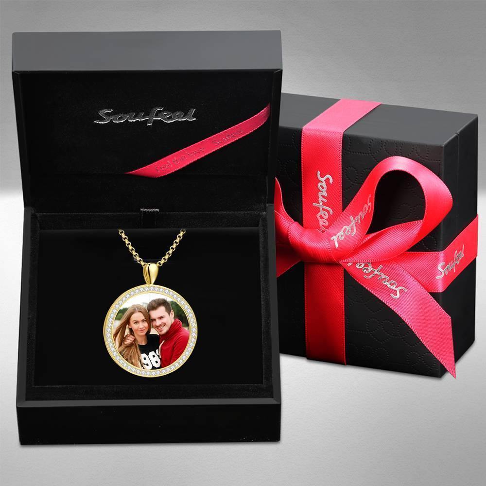 Women's Personalized Photo Engraved Necklace, Rhinestone Crystal Round Shape Photo Necklace 14K Gold Plated Golden - Colorful - soufeelus