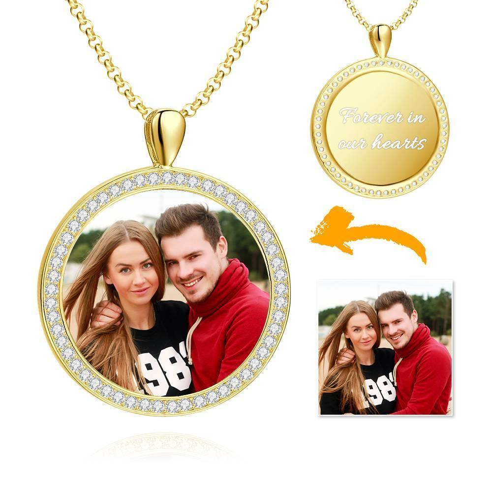 Women's Personalized Photo Engraved Necklace, Rhinestone Crystal Round Shape Photo Necklace 14K Gold Plated Golden - Colorful - soufeelus