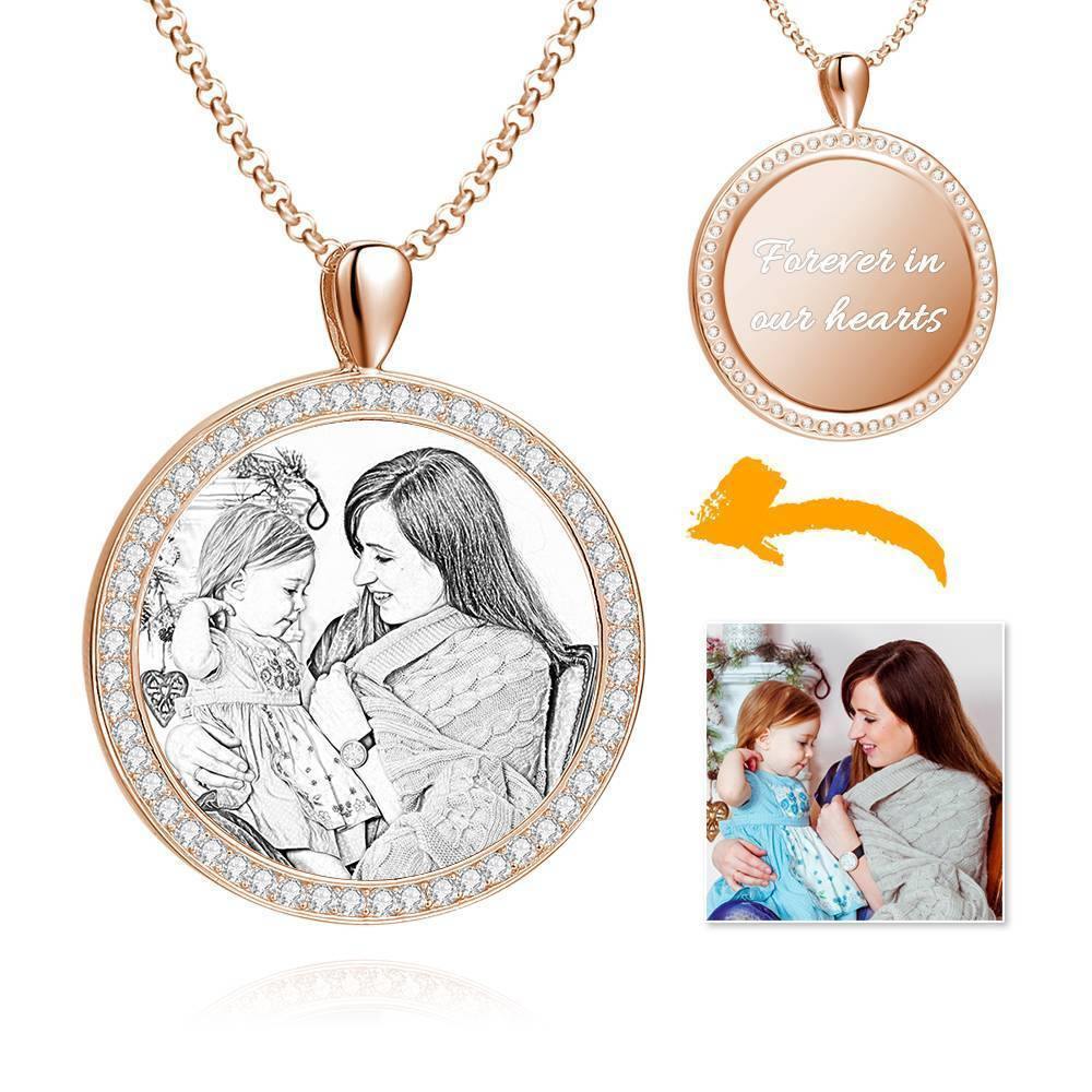 Women's Personalized Photo Engraved Necklace, Rhinestone Crystal Round Shape Photo Necklace 14K Gold Plated Golden - Sketch - soufeelus