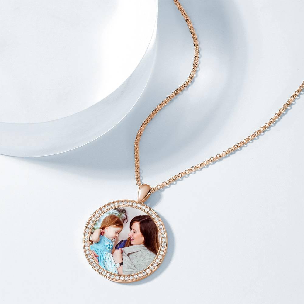 Women's Personalized Photo Engraved Necklace, Rhinestone Crystal Round Shape Photo Necklace Rose Gold Plated - Colorful - soufeelus