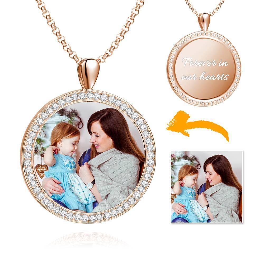 Women's Personalized Photo Engraved Necklace, Rhinestone Crystal Round Shape Photo Necklace Rose Gold Plated - Colorful - soufeelus