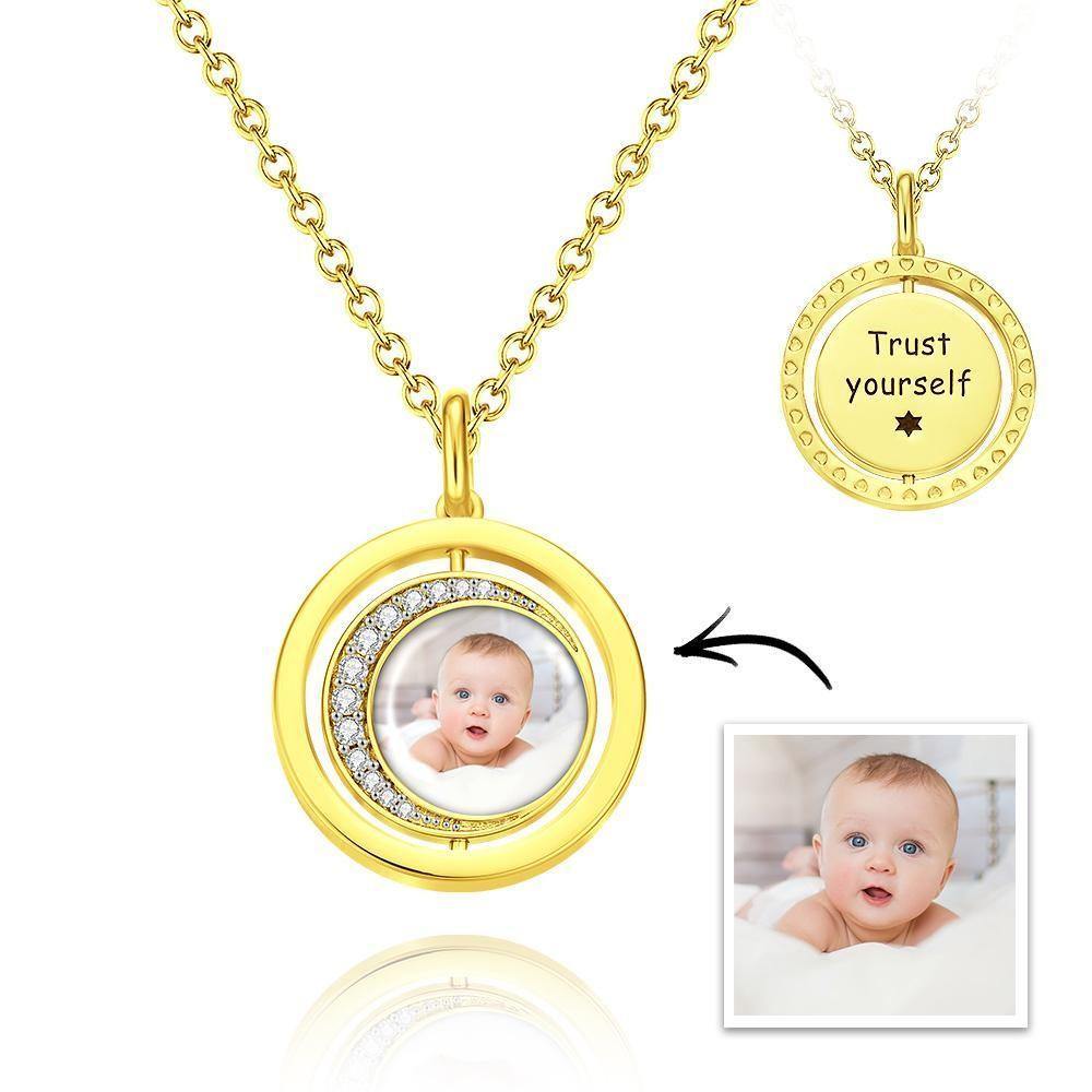 Photo Engraved  Necklace Blessing Coin Necklace Gift for Her Rose Gold Plated Silver - soufeelus