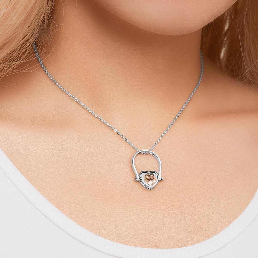 Photo Necklace, Photo Ring Heart-shaped Couple's Gifts Dual-use (Ring Size 5#) Silver - soufeelus