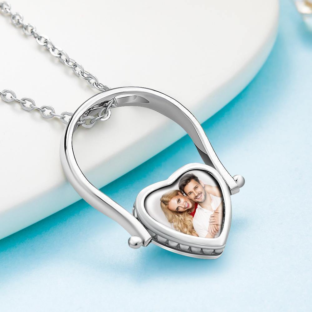 Photo Necklace, Photo Ring Heart-shaped Couple's Gifts Dual-use (Ring Size 5#) Silver - soufeelus