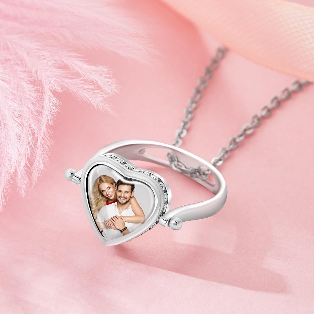 Photo Necklace, Photo Ring Heart-shaped Couple's Gifts Dual-use (Ring Size 5#) Silver - soufeelus