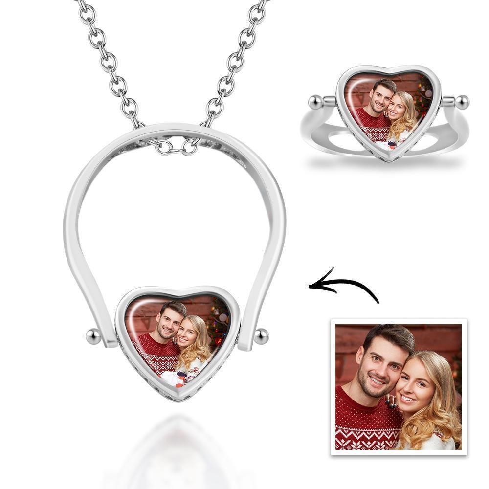 Photo Necklace, Photo Ring Couple's Gifts Dual-use (Ring Size 8#) Rose Gold Plated Silver - soufeelus
