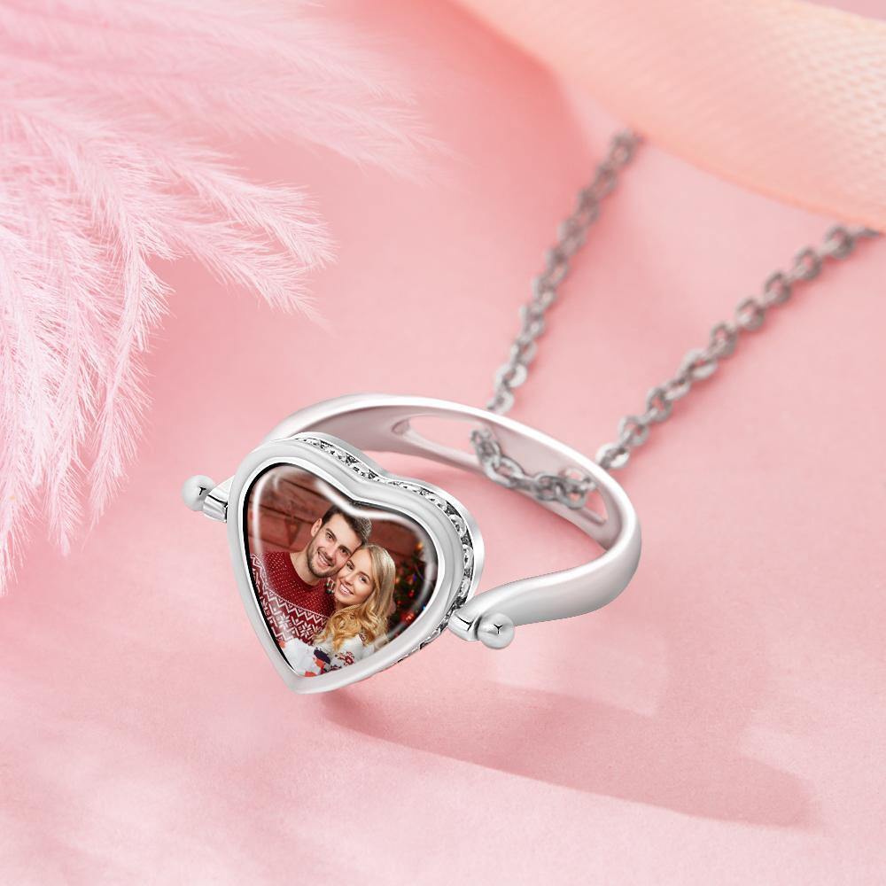 Photo Necklace, Photo Ring Couple's Gifts Dual-use (Ring Size 8#) Silver - soufeelus