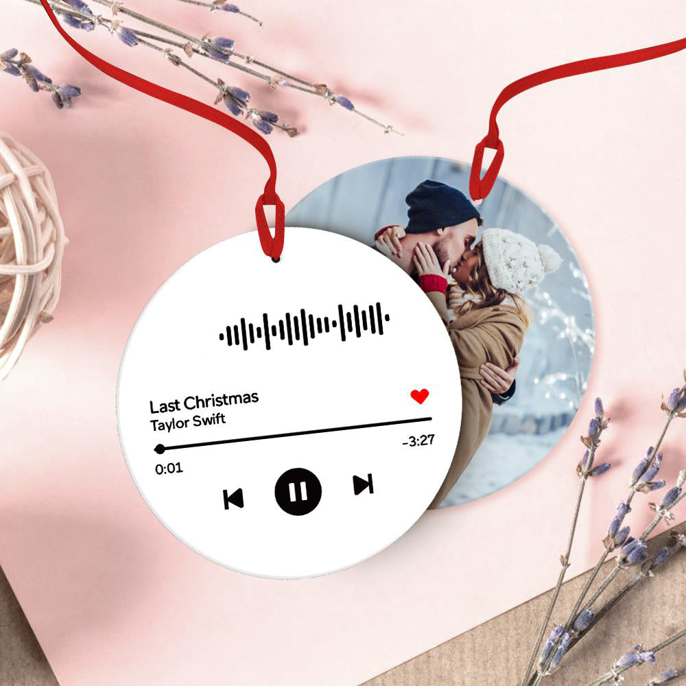 Scannable Music Code Ornaments Photo Hanging Ornament, Custom Music Song Photo Ornament White detail