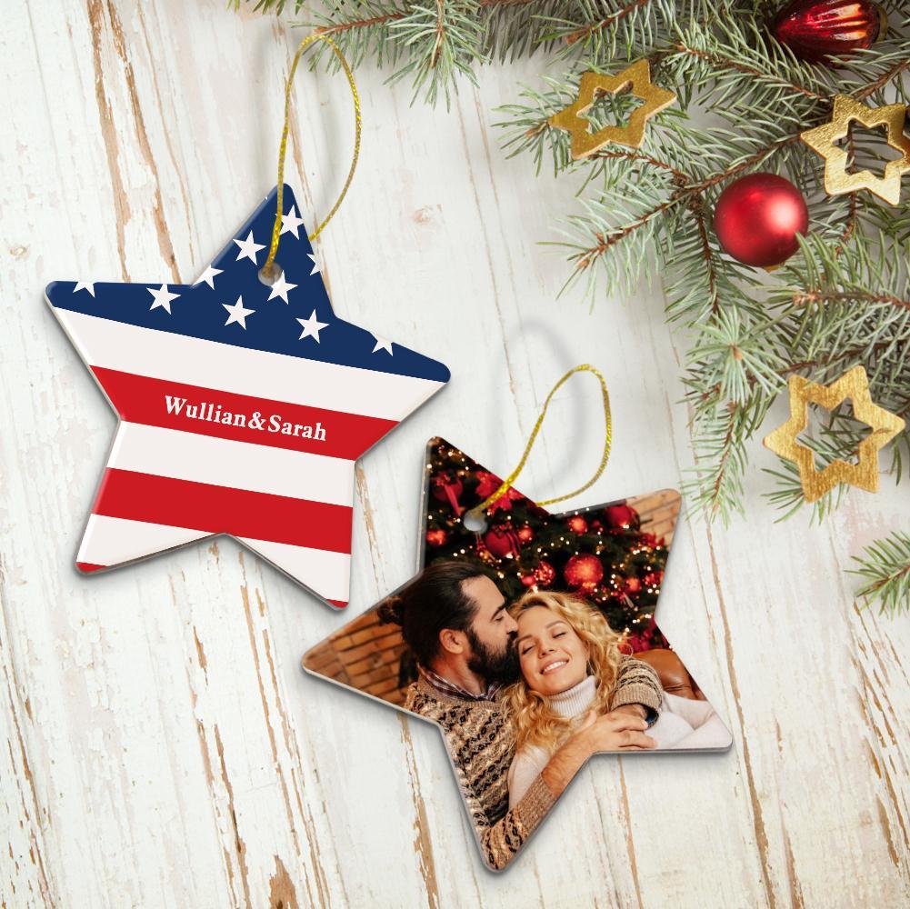 Custom Photo American Flag Christmas Ornament Star Ceramics Family Ornament Gift For Christmas