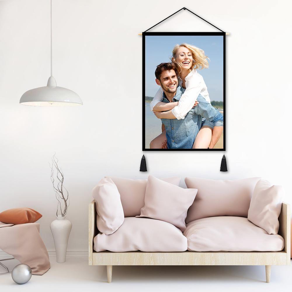 Custom Couple Photo Tapestry - Wall Decor Hanging Fabric Painting Hanger Poster 14"*20" (Tassels+Wooden Stick Set) - soufeelus