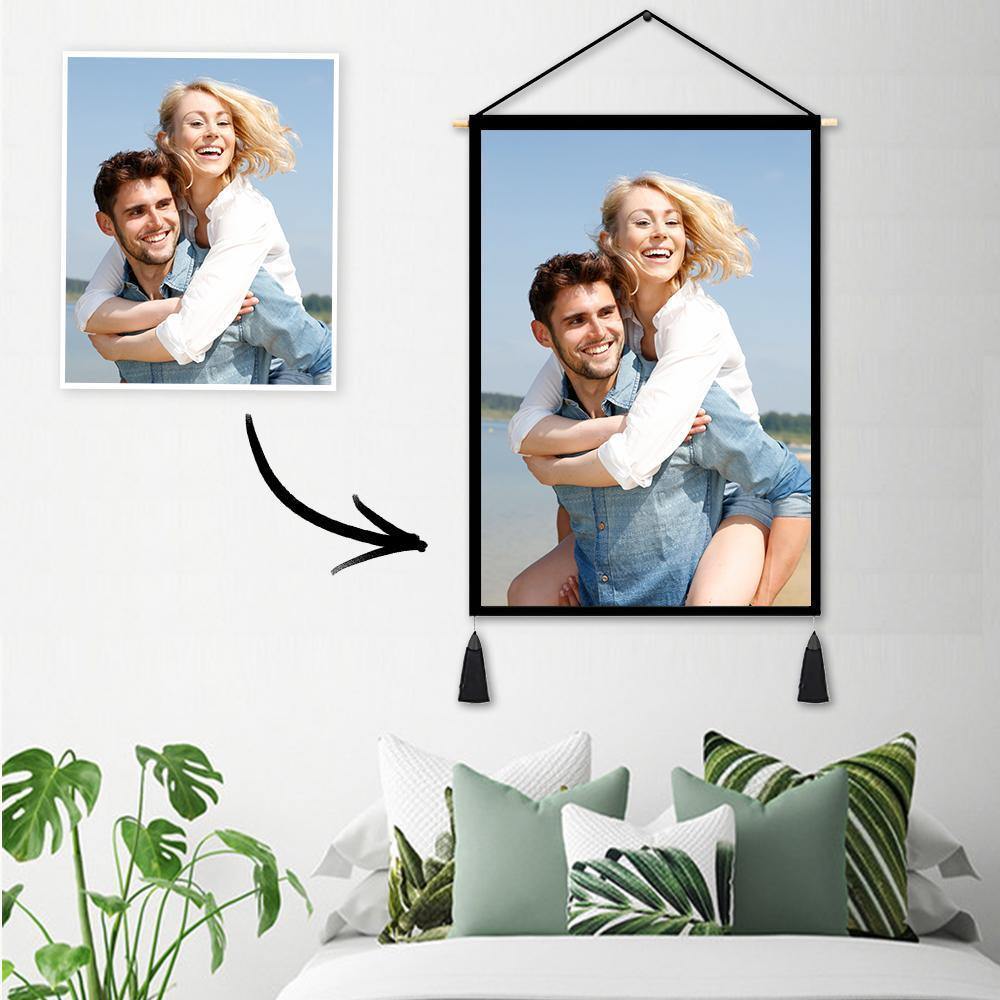 Custom Couple Photo Tapestry - Wall Decor Hanging Fabric Painting Hanger Poster 14"*20" (Tassels+Wooden Stick Set) - soufeelus