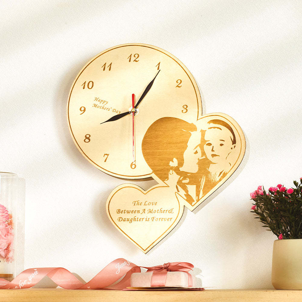Custom Photo Double Heart Clock Wooden Engraved Wall Clock Bedroom Decoration Mother's Day Gifts -