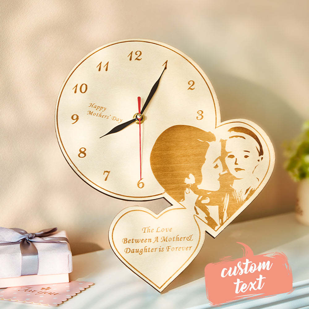 Custom Photo Double Heart Clock Wooden Engraved Wall Clock Bedroom Decoration Mother's Day Gifts -