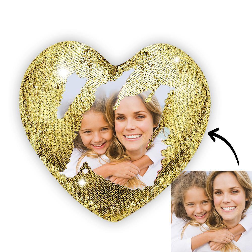 Custom Photo Magic Heart Sequins Pillow Gold - soufeelus