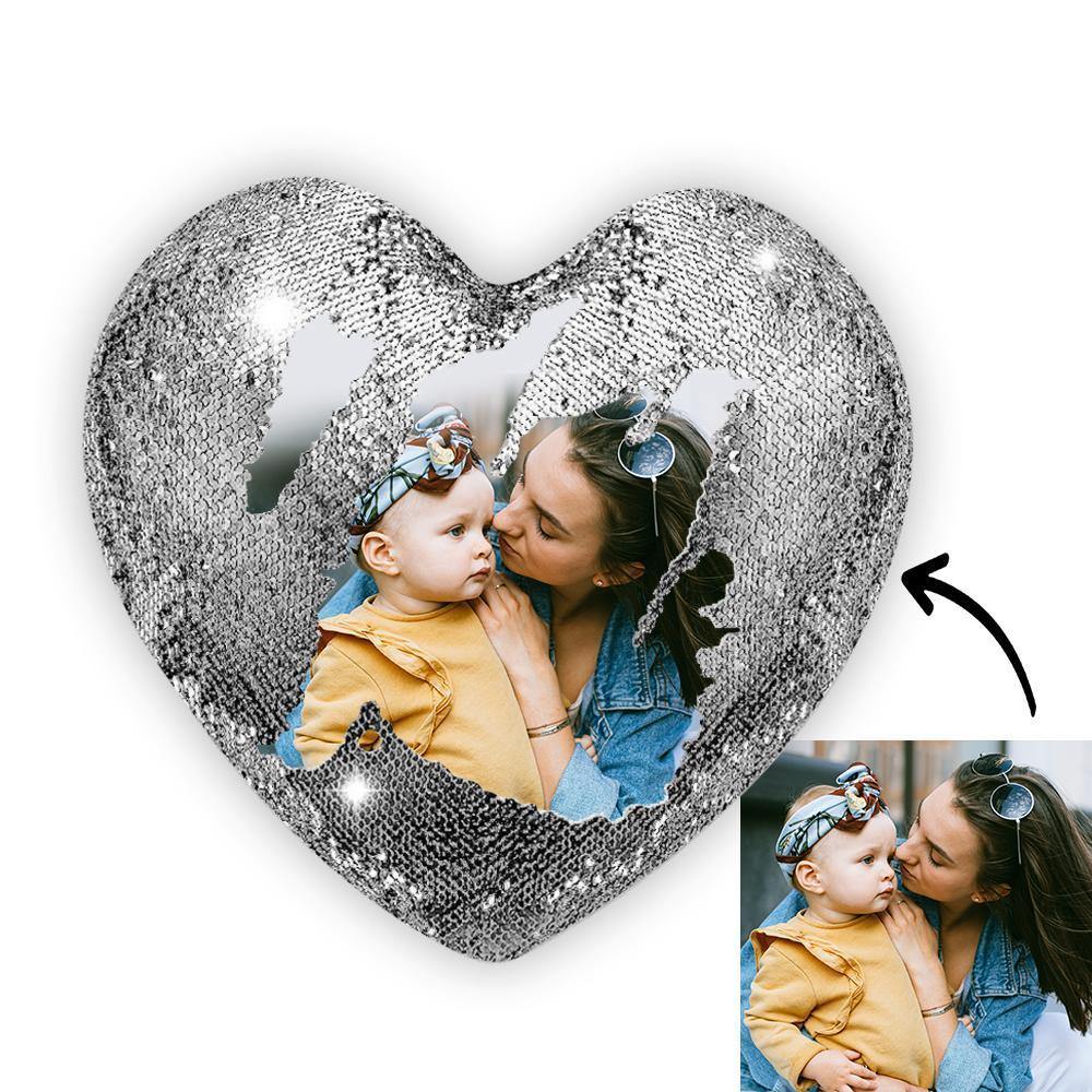 Custom Photo Magic Heart Sequins Pillow Silver - soufeelus