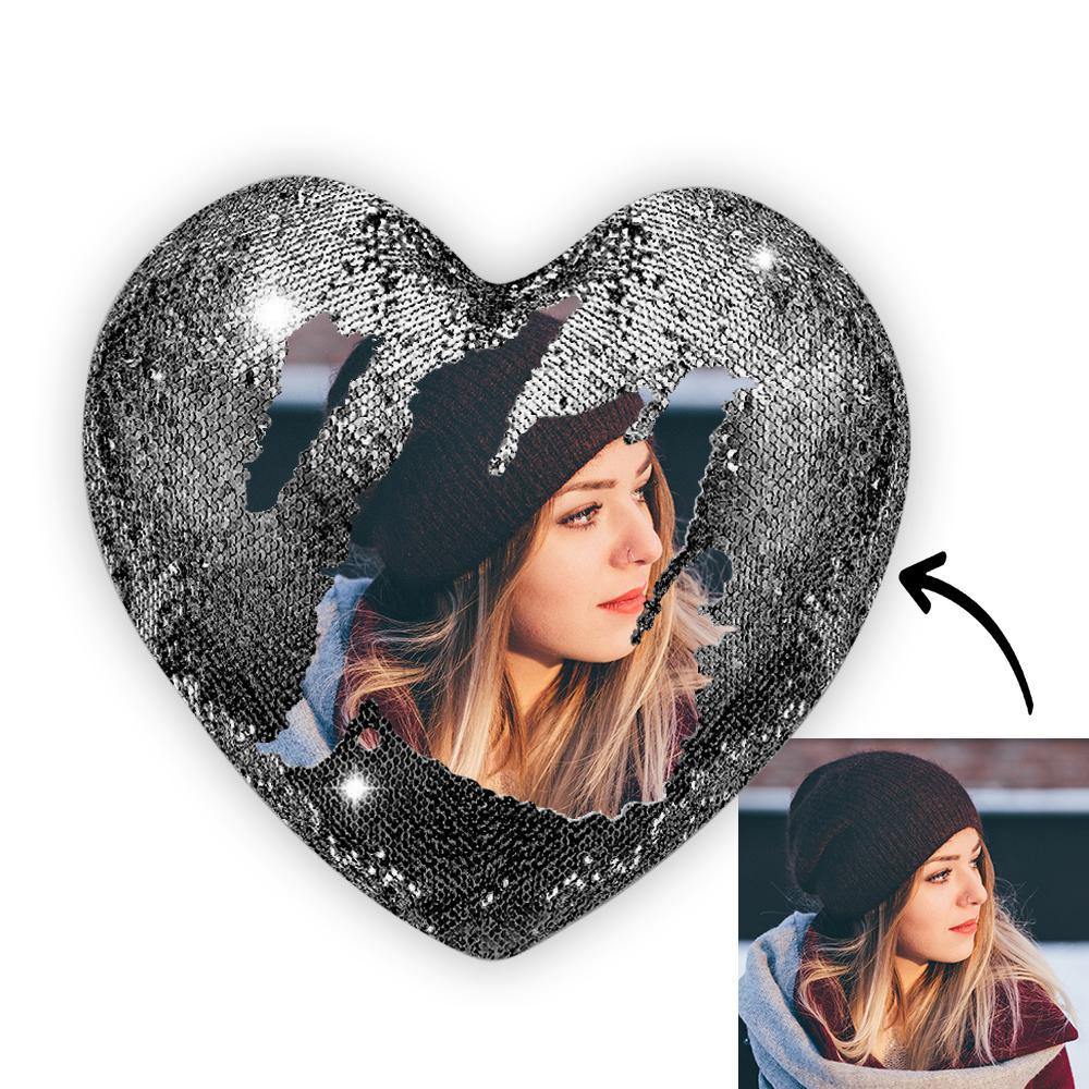Custom Photo Magic Heart Sequins Pillow Black - soufeelus
