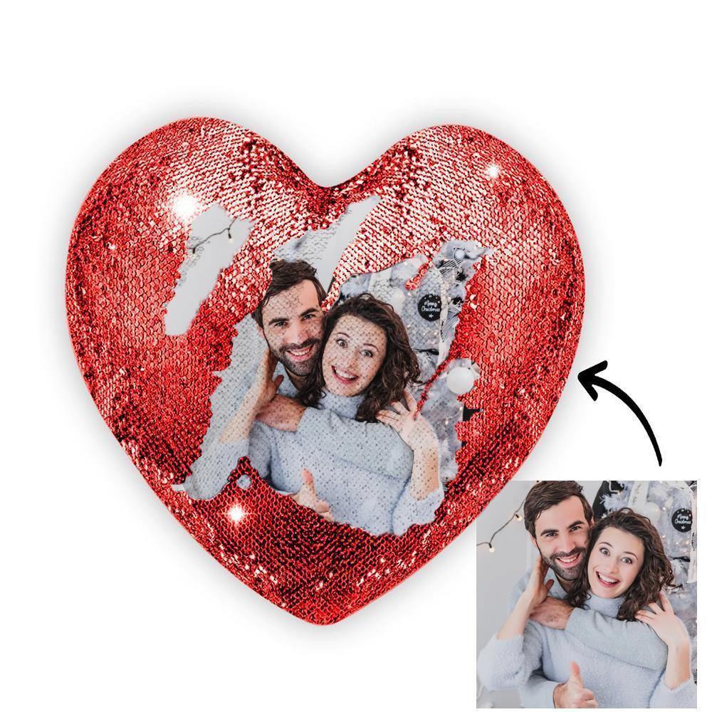 Custom Photo Magic Heart Sequins Pillow Red Gifts - soufeelus