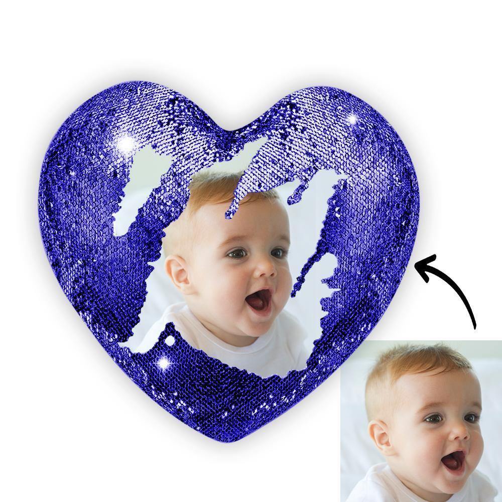 Custom Photo Magic Heart Sequins Pillow Blue - soufeelus