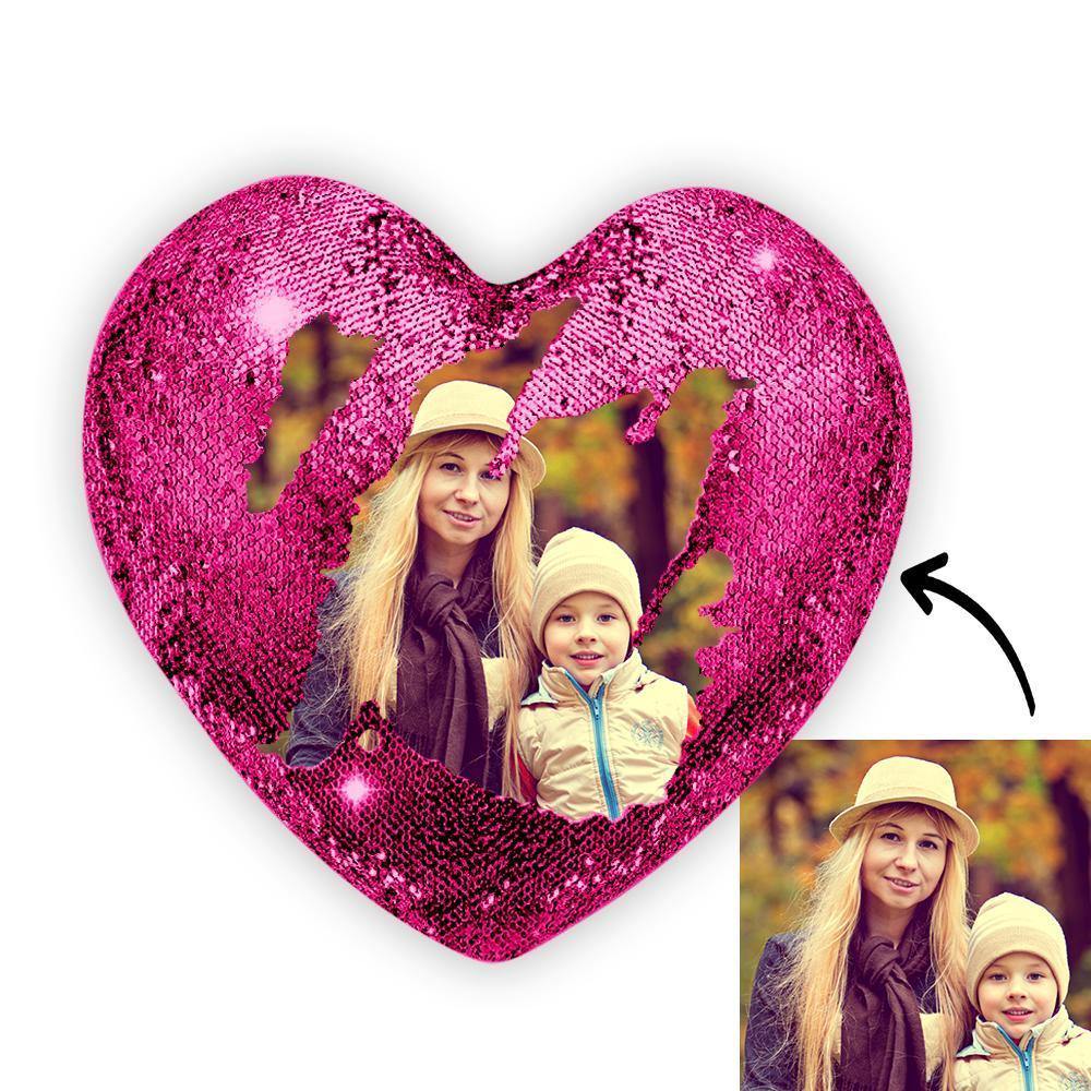 Custom Photo Magic Heart Sequins Pillow Pink - soufeelus