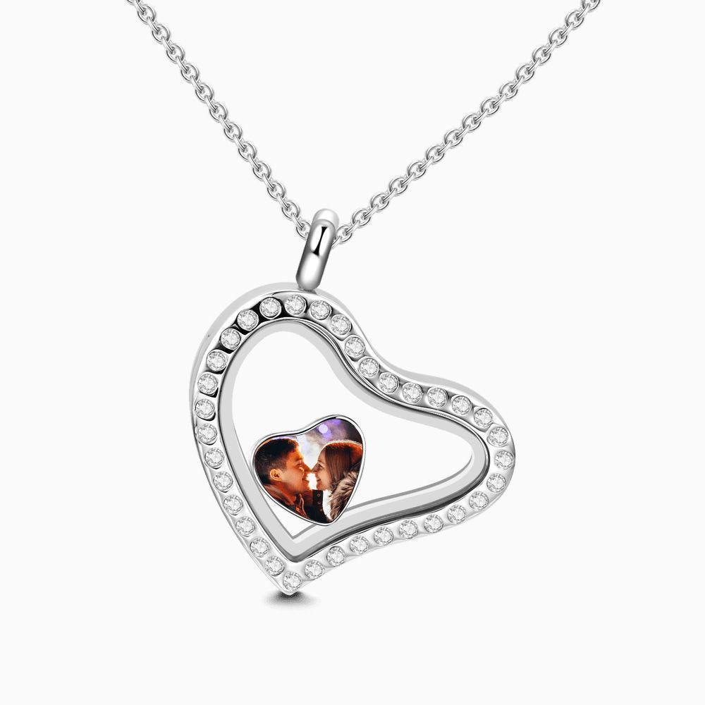 Crystal Heart Floating Locket Necklace with Heart Photo Charm Silver - soufeelus