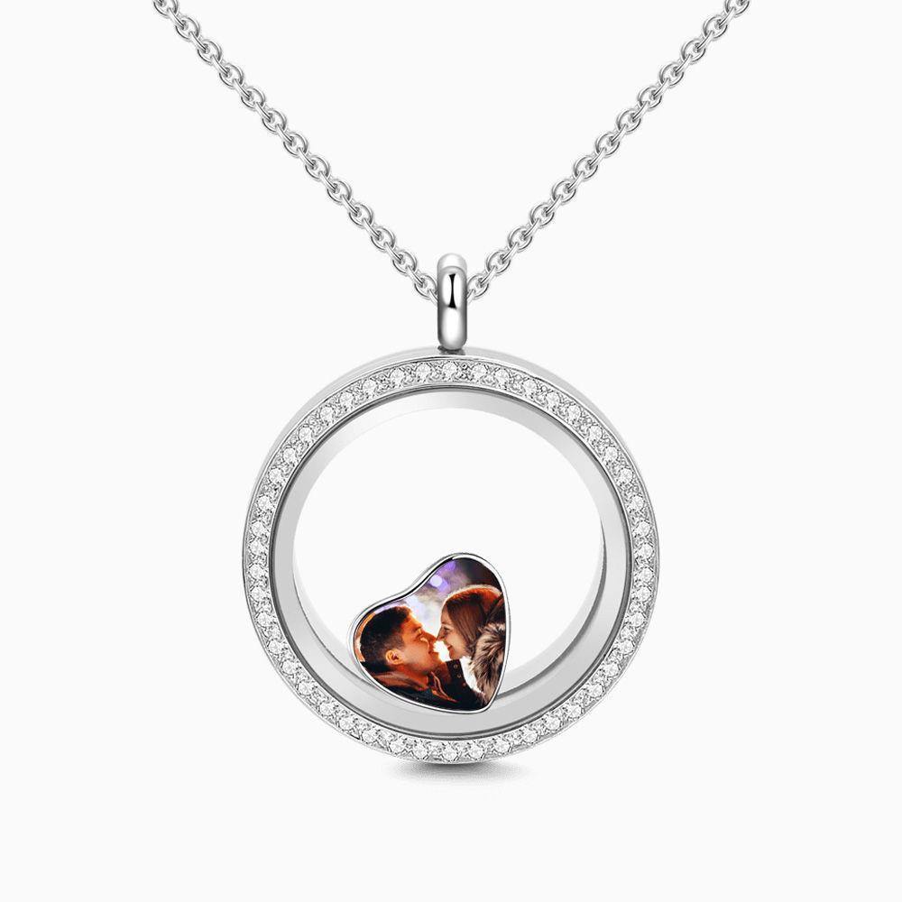 Crystal Round Floating Locket Necklace with Heart Photo Charm Silver - soufeelus