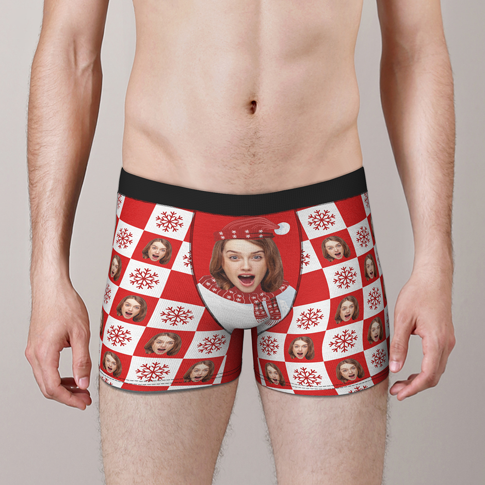 Custom Face Christmas Boxer, Funny Snowman Face Underwear, Best Christmas Gift For Boyfriend