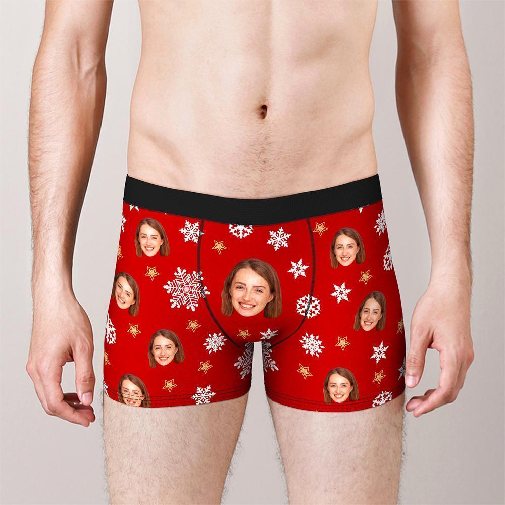 Custom Face Boxers Shorts Christmas Snowflakes Personalized Photo Underwear Christmas Gift For Men