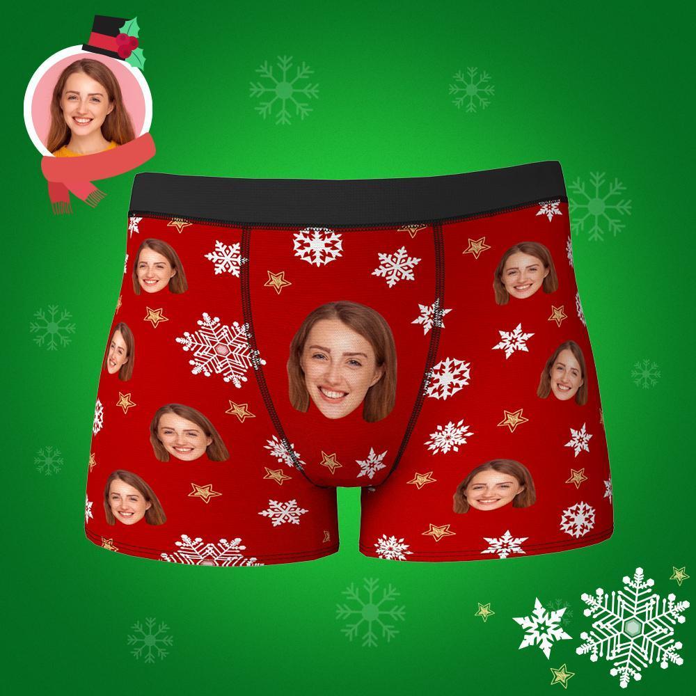 Custom Face Boxers Shorts Christmas Snowflakes Personalized Photo Underwear Christmas Gift For Men