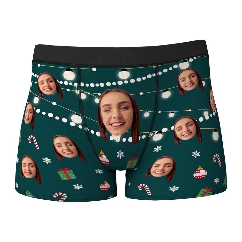 Custom Face Boxers Shorts Christmas Lights Personalized Photo Underwear Christmas Gift For Men