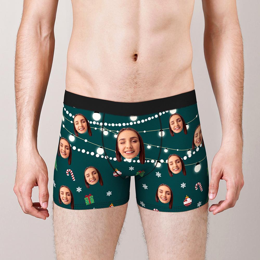 Custom Face Boxers Shorts Christmas Lights Personalized Photo Underwear Christmas Gift For Men