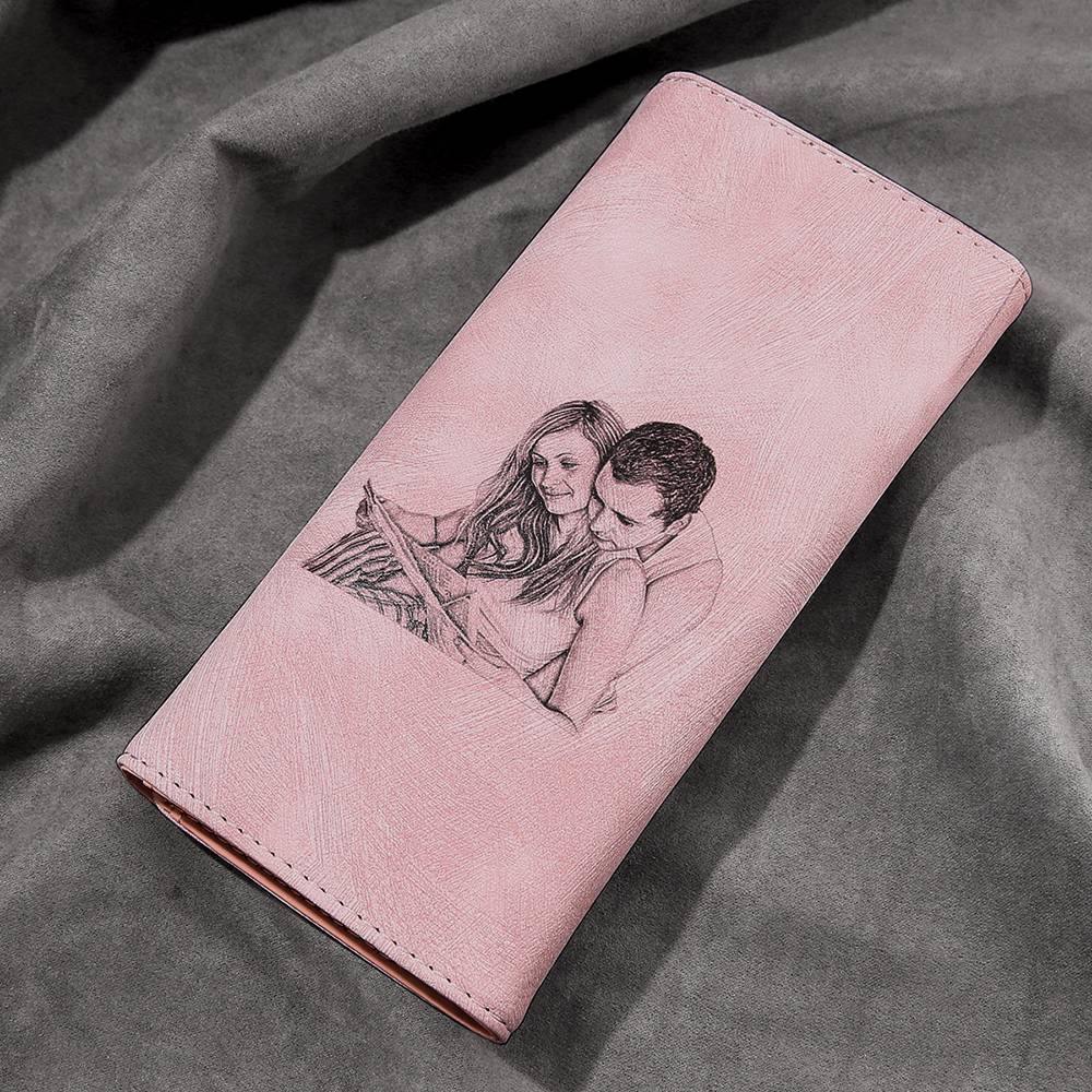 Women's Photo Engraved Trifold Photo Wallet - Pink Leather - soufeelus
