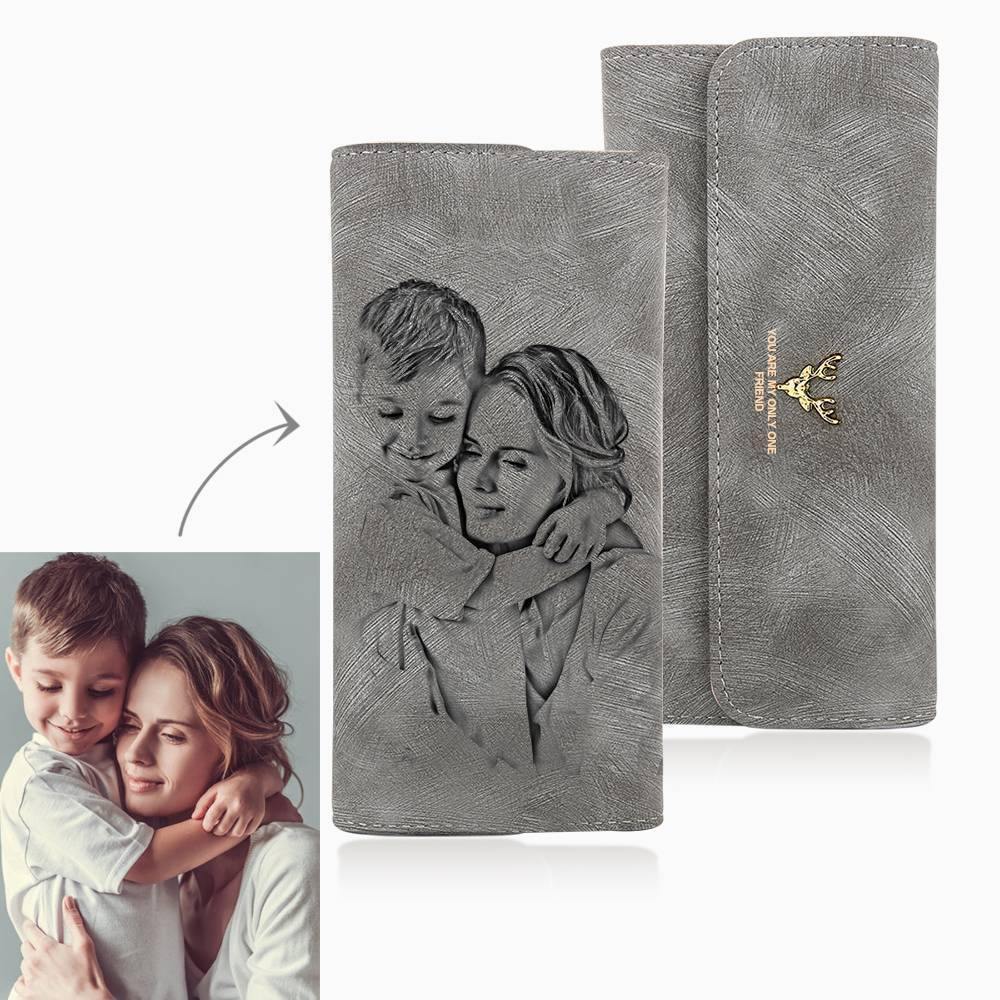 Photo Engraved Trifold Photo Wallet Grey Leather - soufeelus