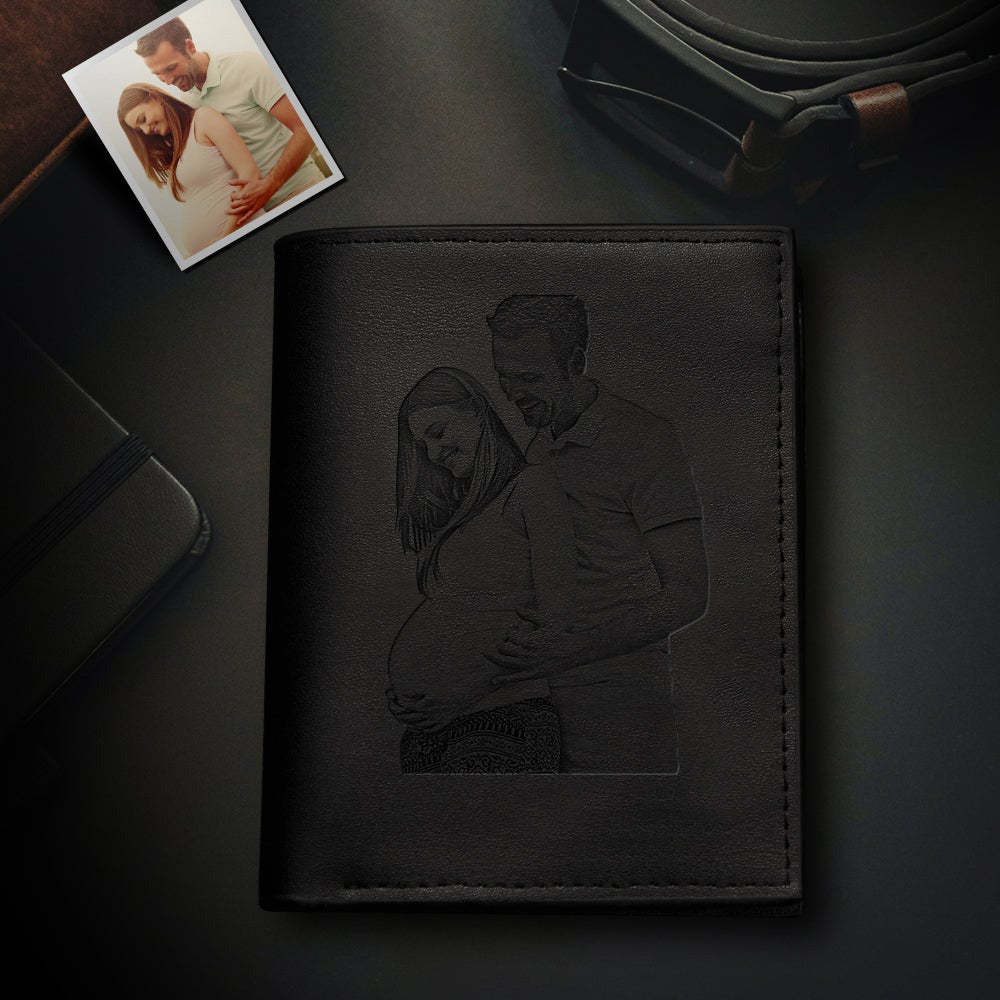 Valentine's Day Gifts - Custom Men's Trifold Vertical Photo Black Wallet Credit Debit Card Holder With Zipper Coin Pouch