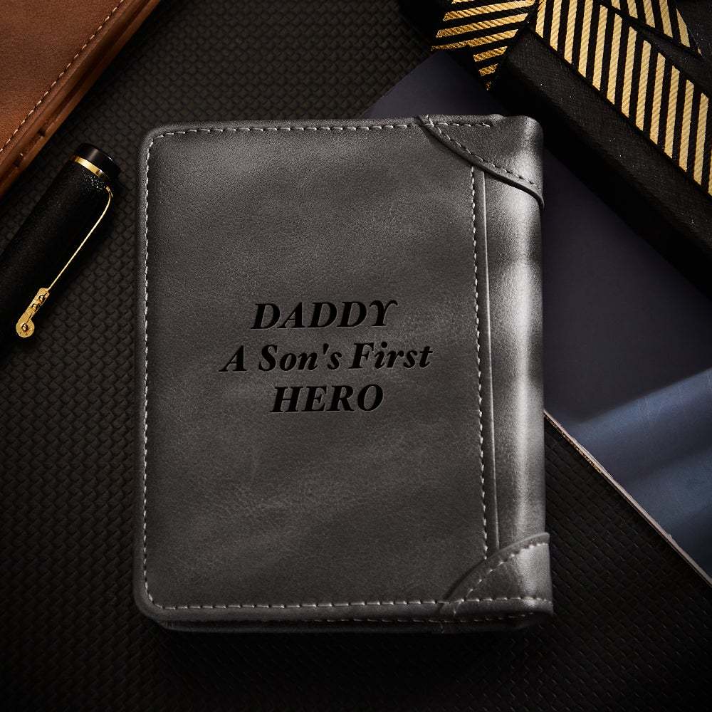 Personalized Photo Leather Bifold Wallets with a Coin Purse & ID Window Pocket Men's Vertical Gray Wallet Father's Day Gift