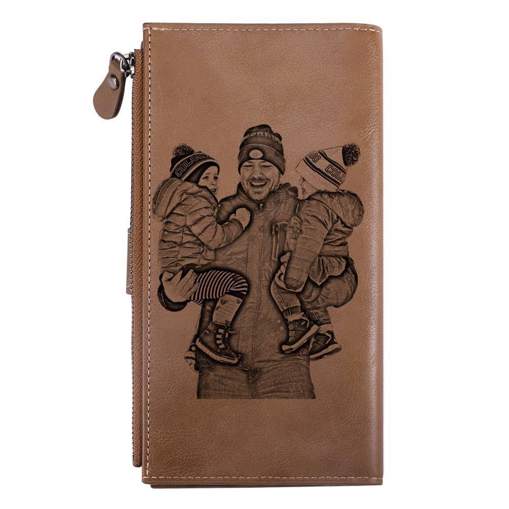 Men's Long Style Custom Inscription Photo Engraved Wallet - Brown Leather - soufeelus