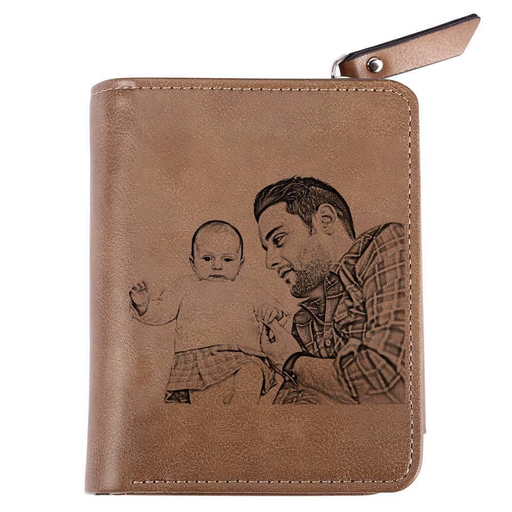 Men's Short Style Custom Inscription Photo Engraved Wallet - Brown Leather Gift for Men - soufeelus