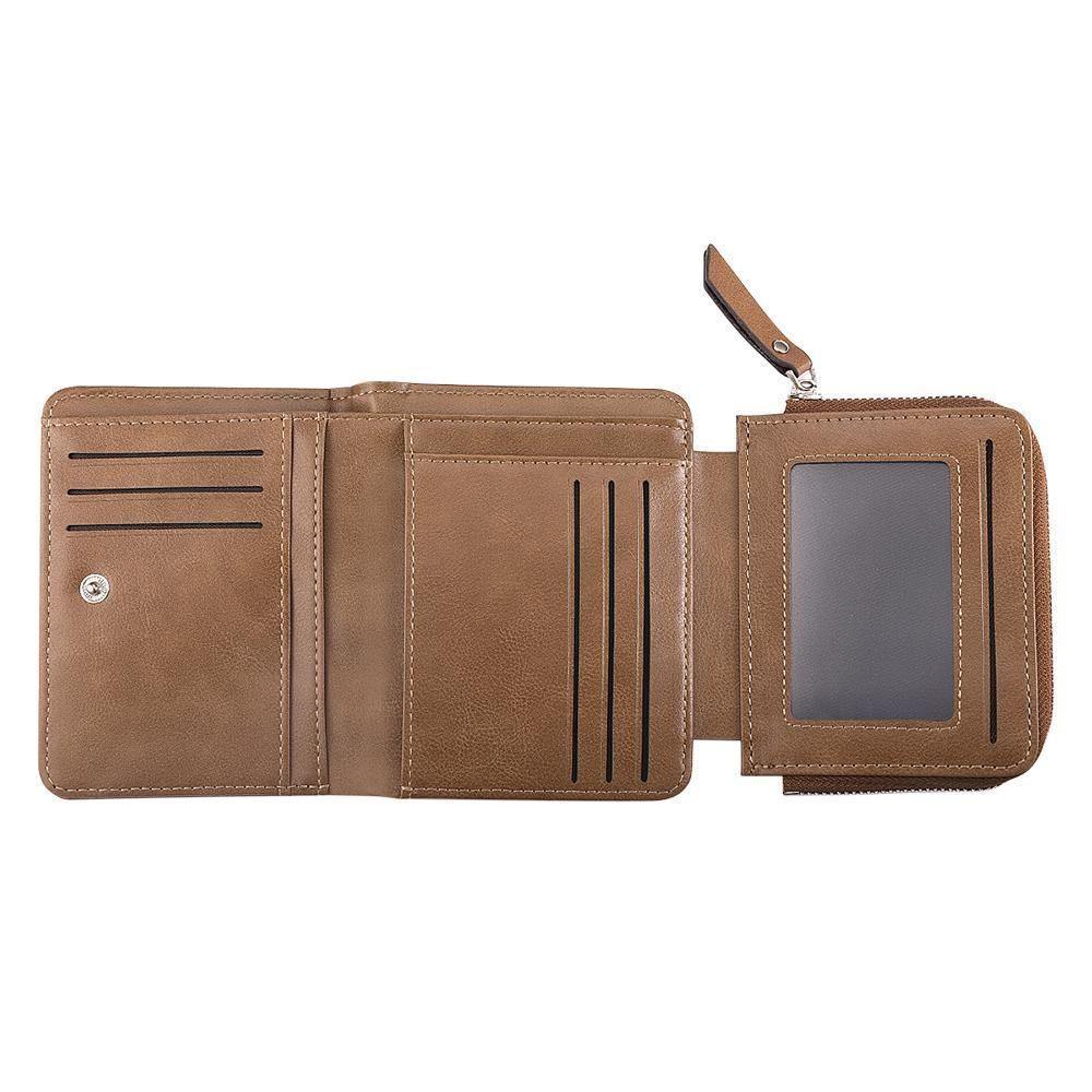 Men's Short Style Custom Inscription Photo Wallet Two Pictures - Brown Leather - soufeelus